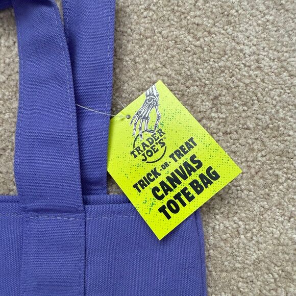 Trader Joes Halloween Mini Canvas Tote Bag Trick or Treat Purple Green NWT - Picture 2 of 3
